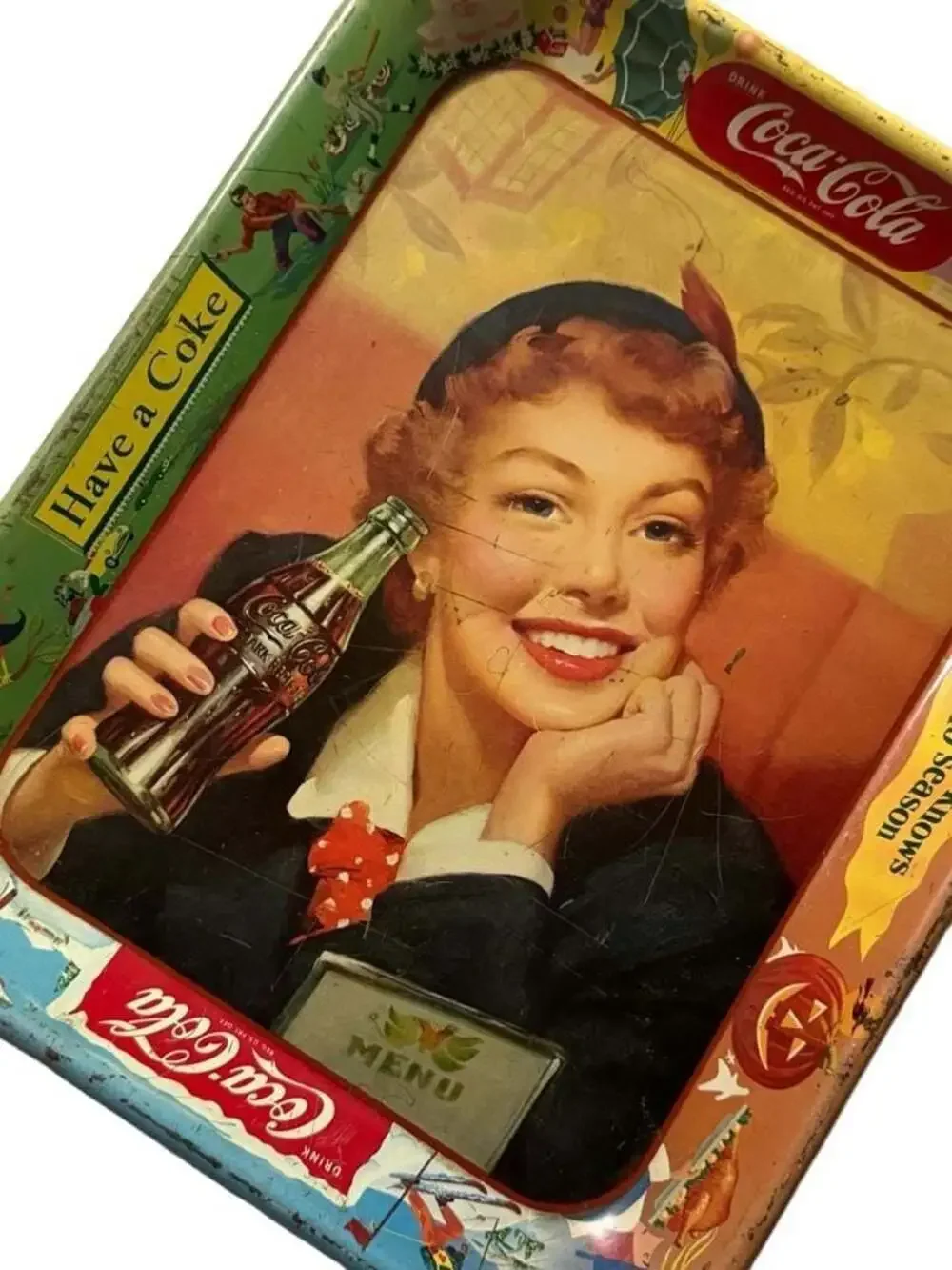 Vintage 1950s Coca-Cola Menu Girl Thirst Knows No Season Metal Advertising Tray